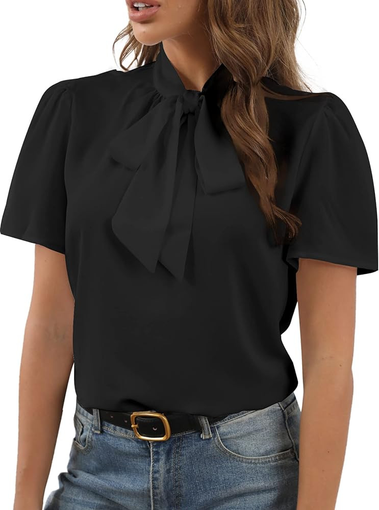 Rooscier Women's Bow Tie Knot Mock Neck Short Sleeve Elegant Workwear Blouse Shirt Top | Amazon (US)