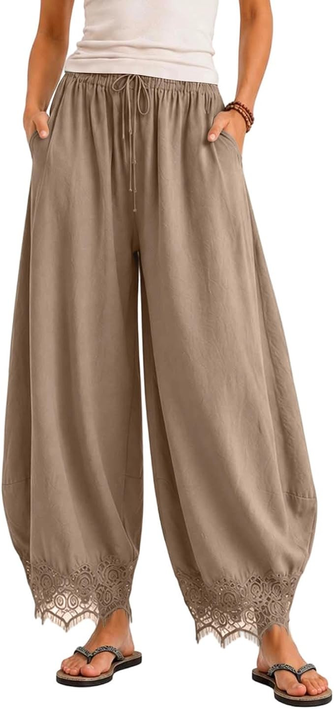 Women's Casual Pants Cropped Lace Hem Pants Summer Boho Drawstring High Waist Wide Leg Lounge Tro... | Amazon (US)