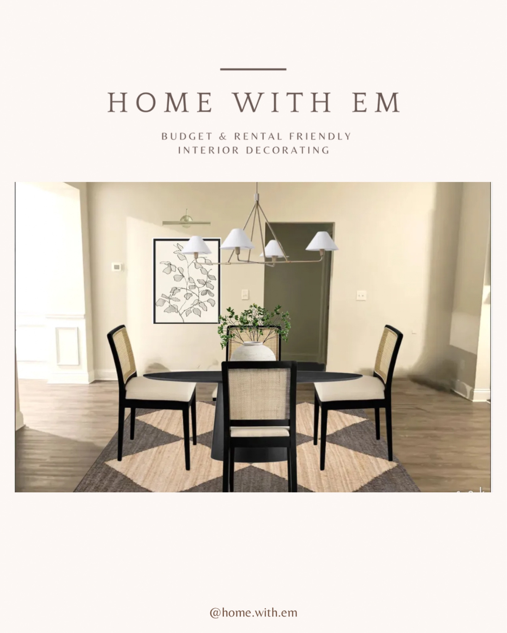 A modern dining area with a black round dining table, black rattan chairs, black and white wall art, gold chandelier, white vase and faux greenery, checkerboard and jute rug.

#LTKhome #LTKfamily #LTKstyletip