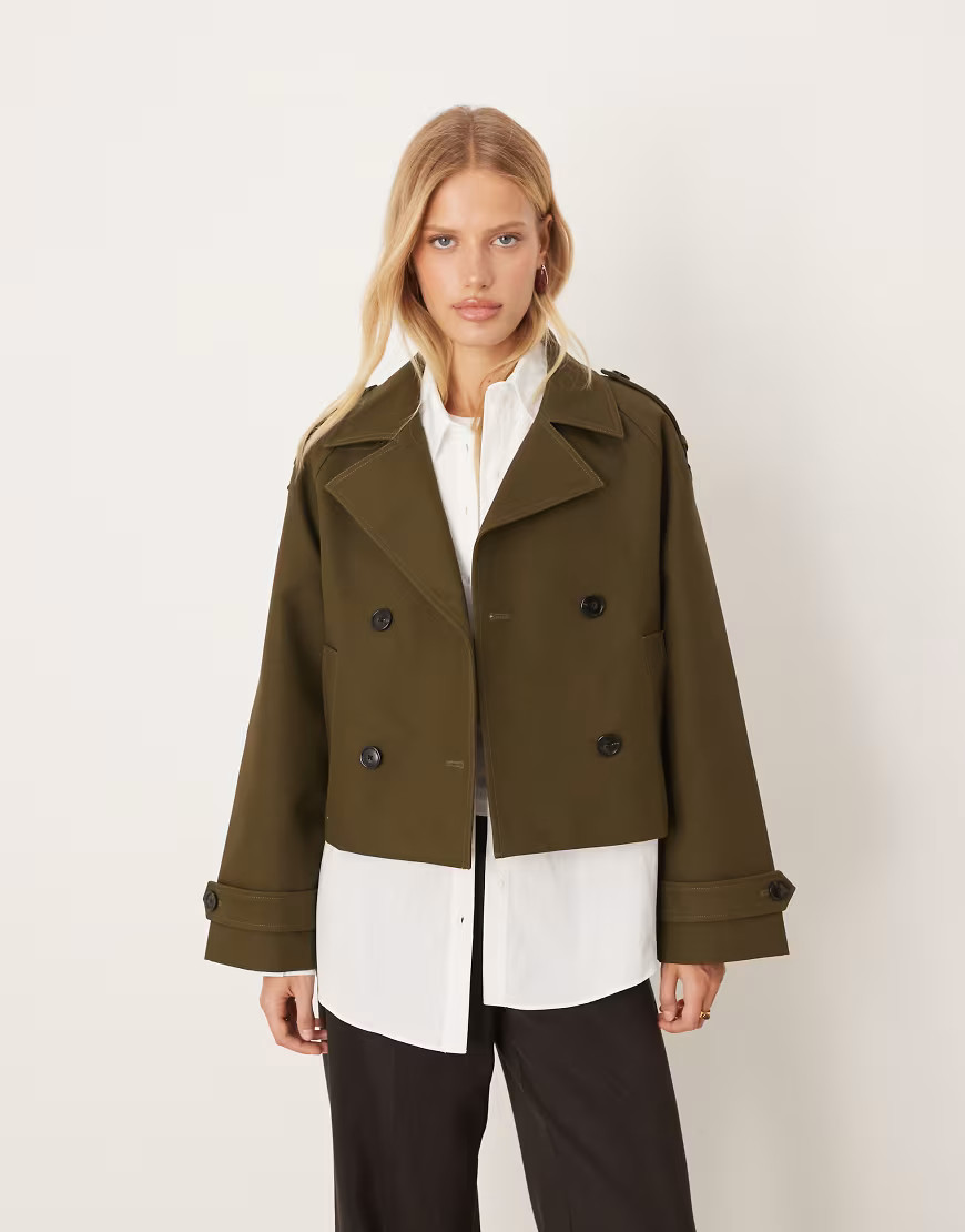 Mango cotton cropped trench coat in khaki-Green | ASOS (Global)