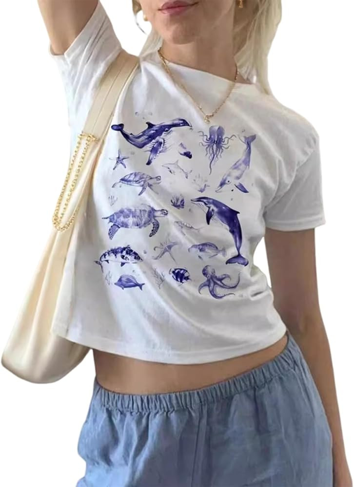 Y2k Graphic Baby Tees Women Teen Girl Fruit Print Crop Top Short Sleeve Slim Fit Vintage Aestheti... | Amazon (US)