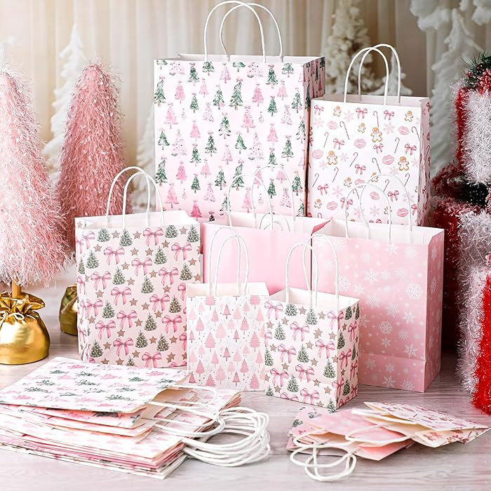Trandraft 18 Pcs Pastel Pink Christmas Kraft Gift Bags with Handles Assorted Sizes Christmas Gift... | Amazon (US)