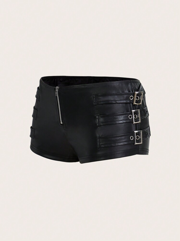 SHEIN ICON Y2k Black Tight Fit PU Low-Waist Decorated Ultra-Short Shorts Rave Festival Outfits | SHEIN