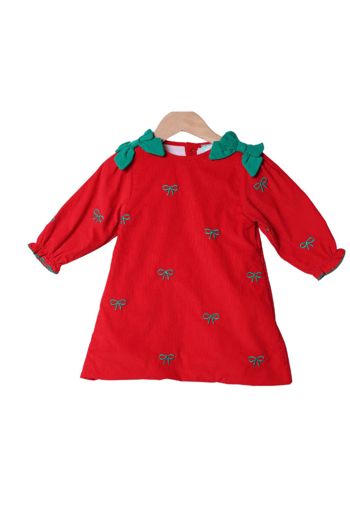 Embroidered Bows Red/Green Corduroy Dress | The Smocked Flamingo