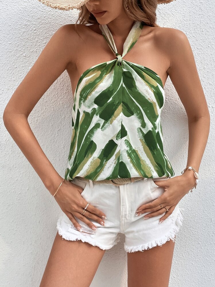 SHEIN Holidaya Brush Print Tie Backless Halter Top Graphic Tees Women Tops | SHEIN