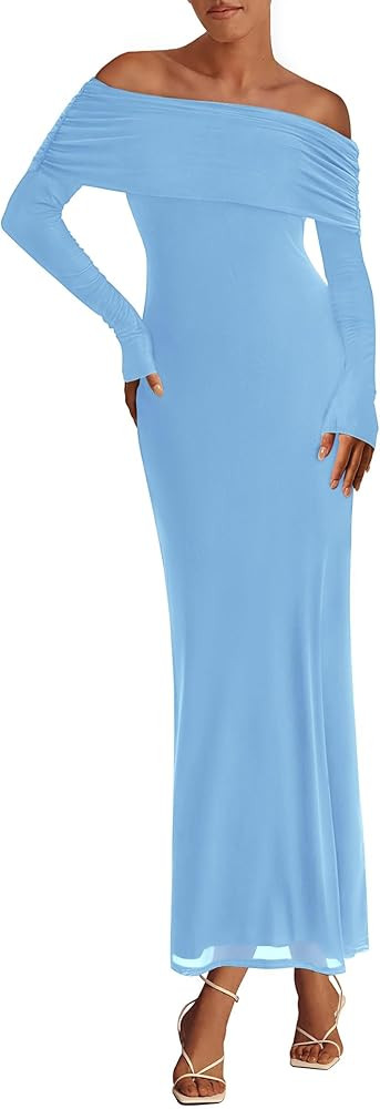 PRETTYGARDEN Women's Off The Shoulder Bodycon Maxi Dress Long Sleeve Mesh Elegant Party Formal We... | Amazon (US)