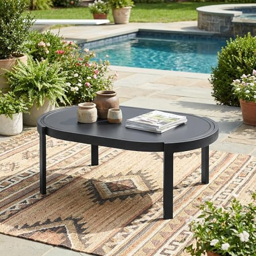 Merax Modern Outdoor Oval Coffee Table with Tempered Glass Top, Black Aluminum Frame, Weather-Res... | Amazon (US)