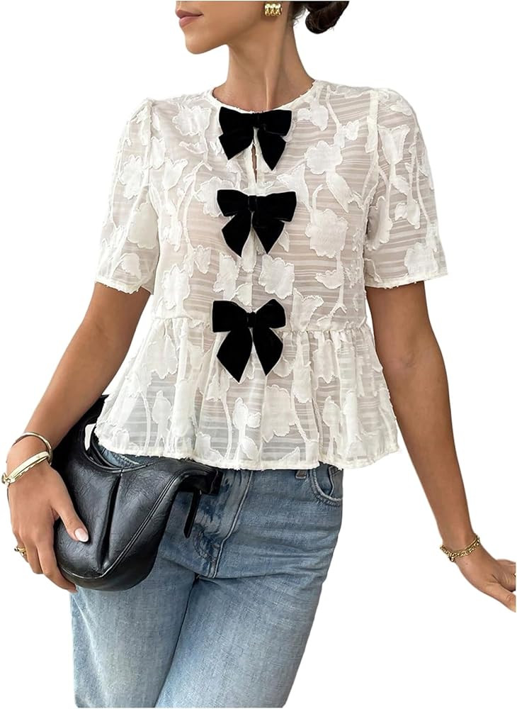 GORGLITTER Women's Floral Peplum Tops Bow Sheer Short Sleeve Blouses Dressy Cute Babydoll Tops Su... | Amazon (US)
