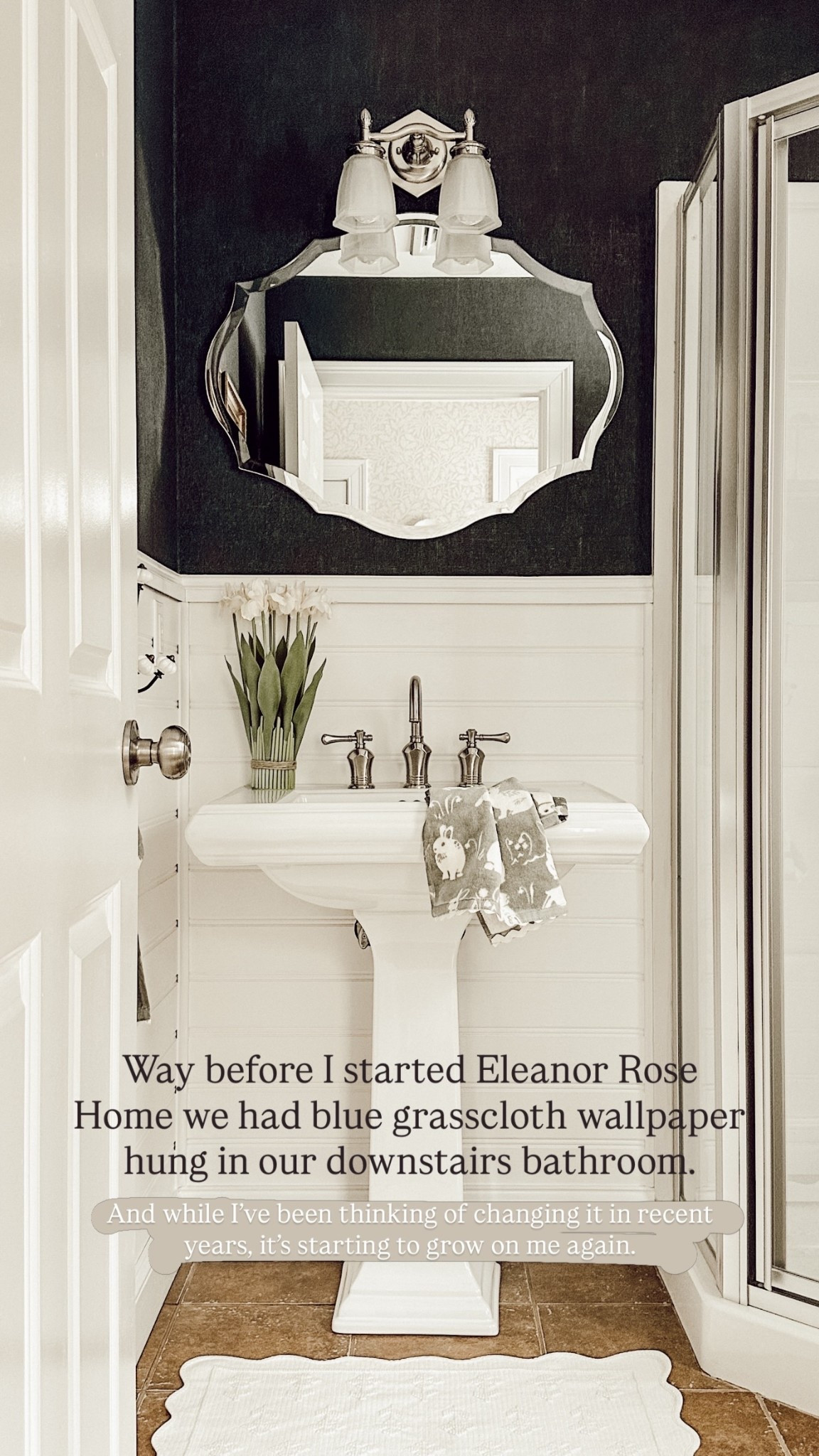 Way before I started Eleanor Rose Home we had blue grasscloth wallpaper hung in our downstairs bathroom. And while I’ve been thinking of changing it in recent years, it’s starting to grow on me again.