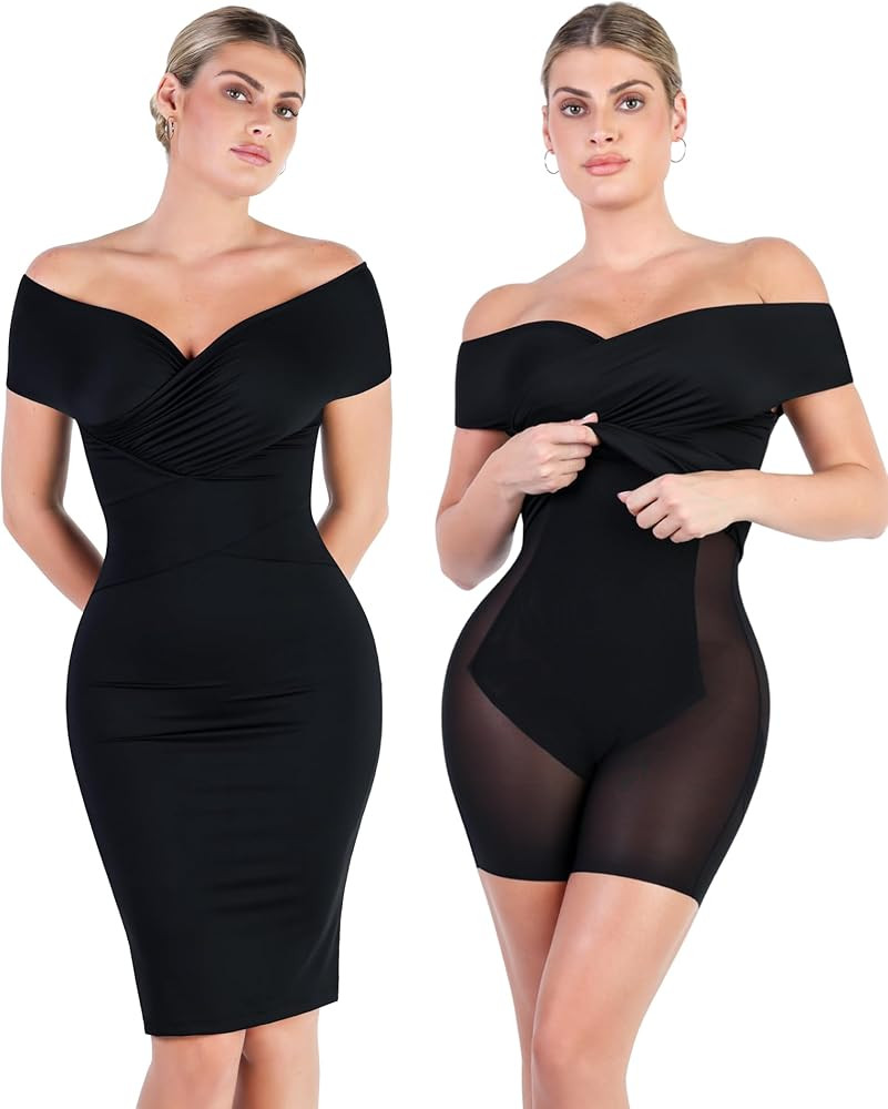 Popilush Shaper Dress with Built in Shapewear Off Shoulder V Neck Ruched Bodycon Midi Dress Party... | Amazon (US)