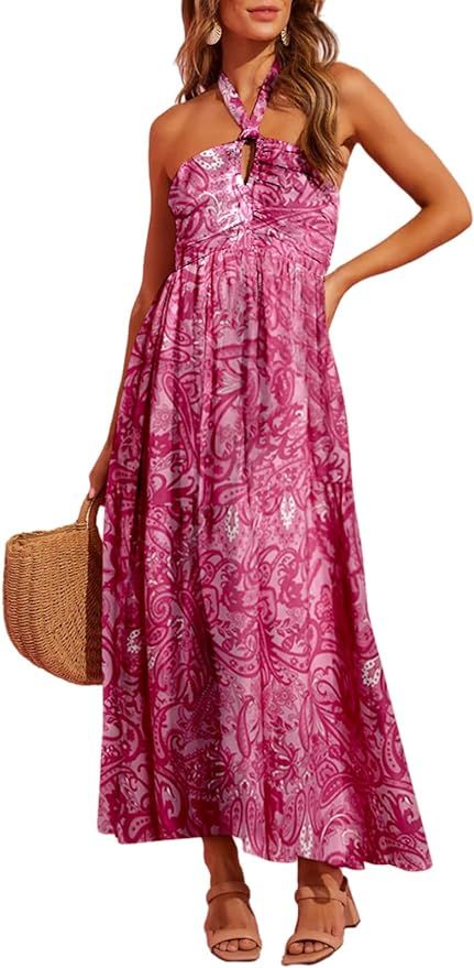Dokotoo Women's Summer Dresses Halter Neck Sleeveless Backless Flowy A Line Boho Maxi Dress | Amazon (US)