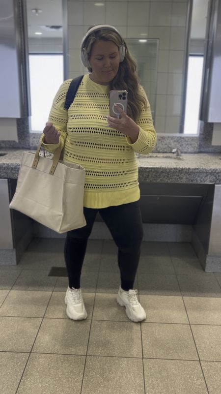 Airport travel outfit!! Love this top from target 2x runs true to size, comfy dreampairs shoes and athleta leggings! This Amazon backpack is the best best! Love my Bose headphones too. 

#LTKtravel #LTKmidsize #LTKplussize