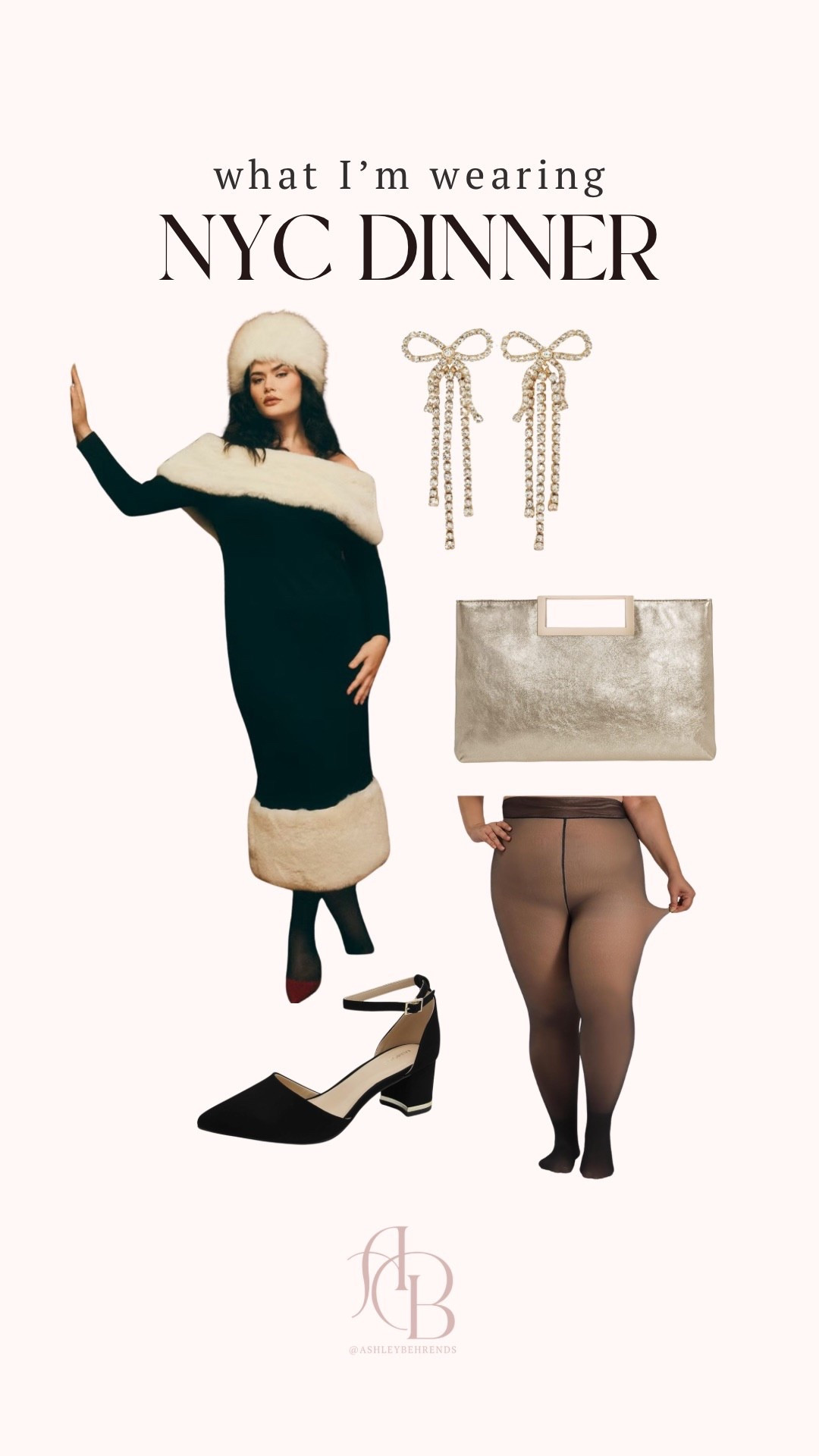 New York dinner outfit night 1 🖤✨ Chic holiday little black dress fur lined off the shoulder detail with fleece tights, closed toe heels, gold clutch + rhinestone bow earrings. Wearing a size 20 

#LTKPlusSize #LTKHoliday #LTKootd