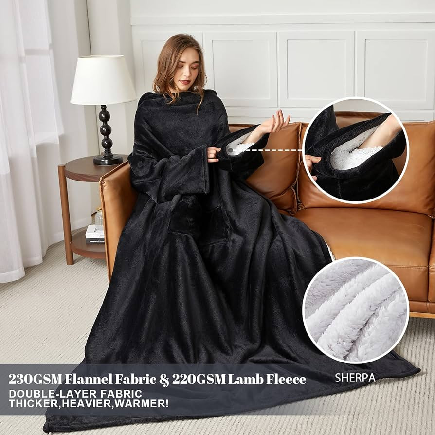 HOSUKKO Sherpa Wearable Blanket with Sleeves Pocket and Hat, Extra Long Warm Soft Fleece Cozy Functi | Amazon (US)
