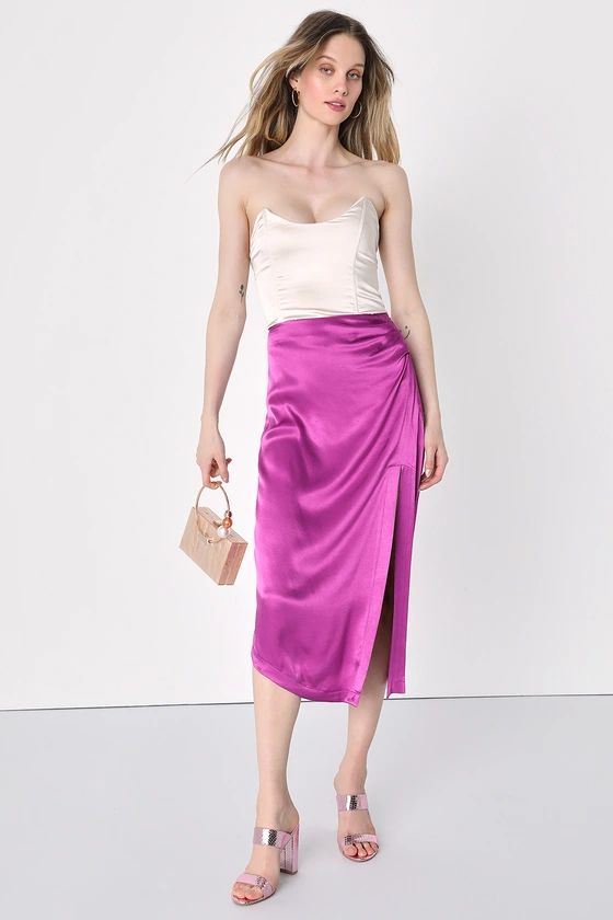 Undeniable Shine Purple Satin Slit Midi Skirt | Lulus (US)