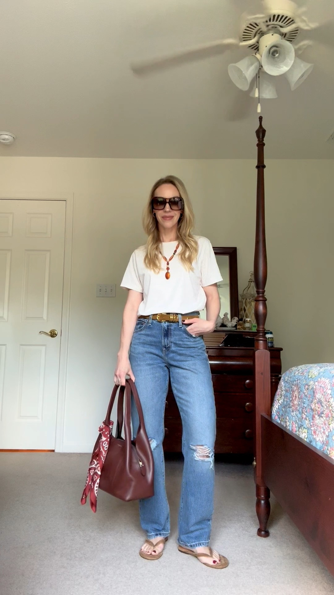 Transitional outfit, late summer style, tee and jeans, distressed denim (such a great fit and on sale now!)

#LTKSaleAlert #LTKOver40 #LTKSeasonal