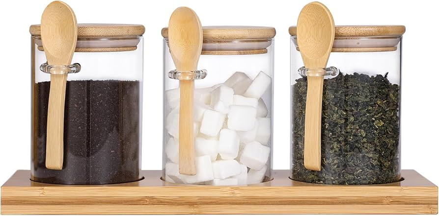 Glass Spice Storage Container with Spoon, 3PCS 20oz Airtight Sealed Condiment Jar with Tray, Kitc... | Amazon (US)
