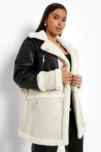 Colourblock Faux Fur Trim Aviator Jacket | Boohoo.com (UK & IE)