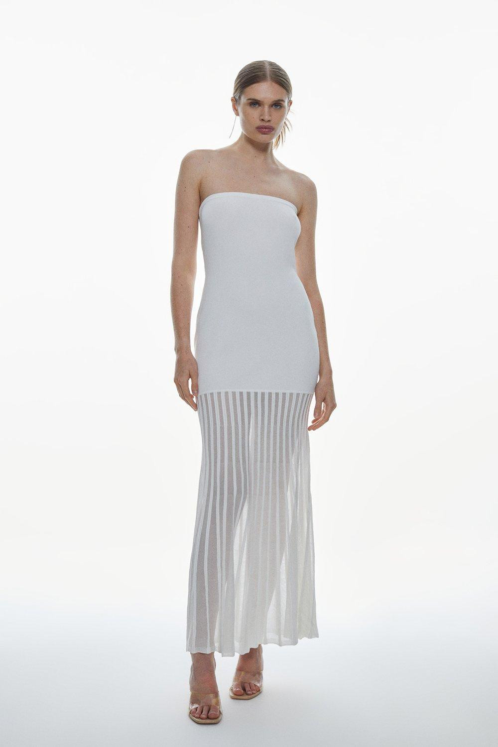 Viscose Blend Sheer Knit Bandeau Pleated Skirt Midaxi Dress | Karen Millen US