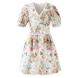 Vivid Flower Buttoned Crochet Embroidered Dress | Chicwish