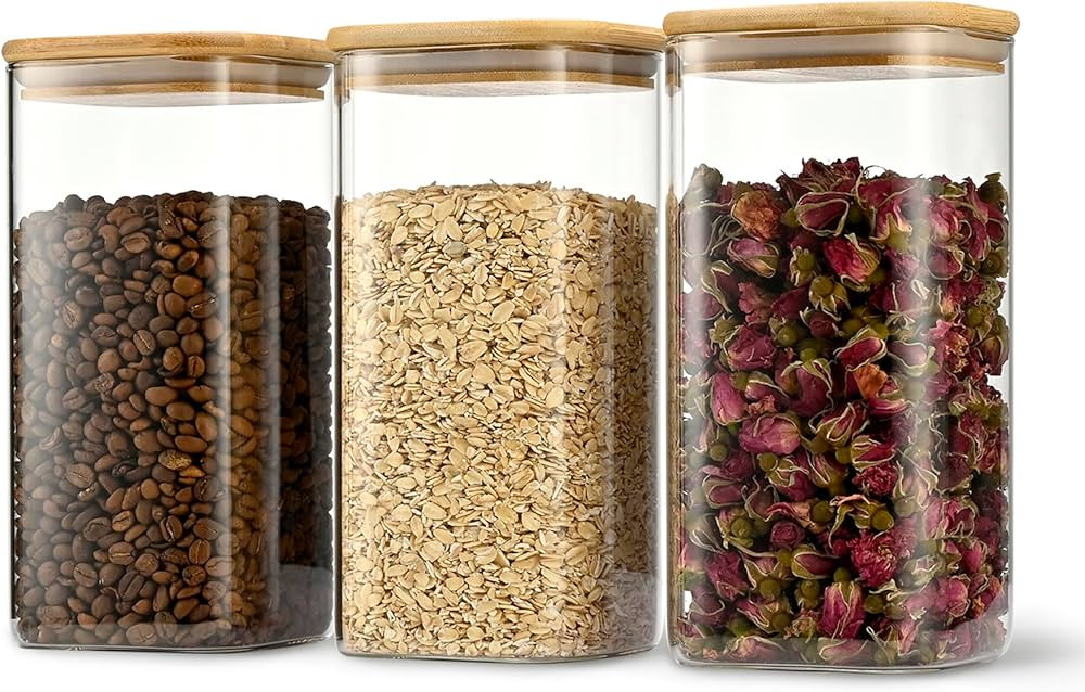 Glass Storage Canister, Clear (Pack of 3) | 1550ml | Bamboo | Square | Flour, Cookies, Cereal, Co... | Amazon (US)