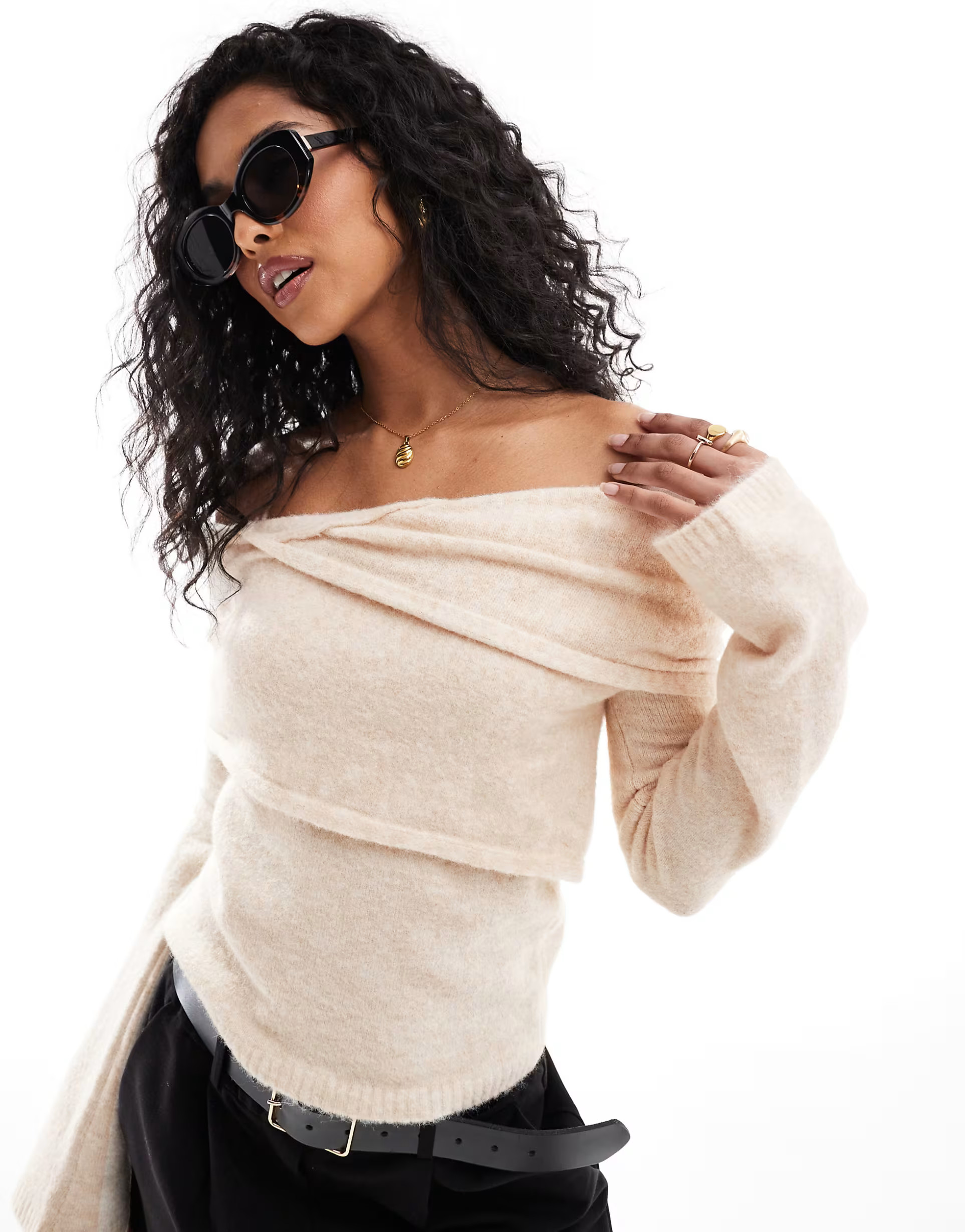 ASOS DESIGN knitted asymmetric bardot top in cream | ASOS (Global)