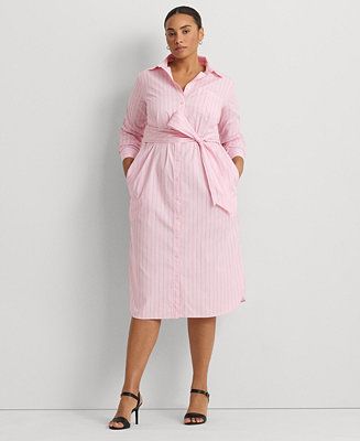 Lauren Ralph Lauren Plus Size Striped Belted Shirtdress - Macy's | Macy's