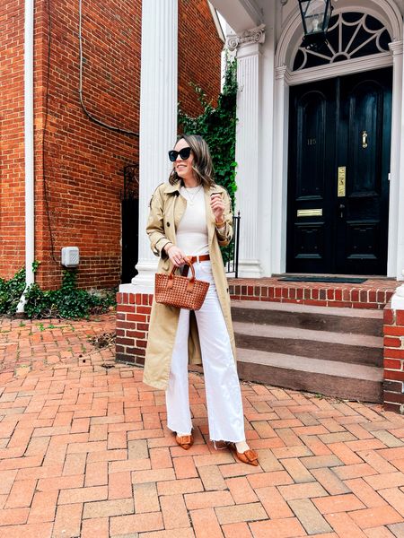 Jeans, white jeans, spring outfit, trench coat, neutral accessories 

#LTKSeasonal #LTKover40