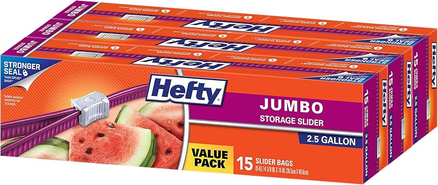 Hefty Slider Jumbo Storage Bags, 2.5 Gallon Size, 15 Count (Pack of 3), 45 Total | Amazon (US)