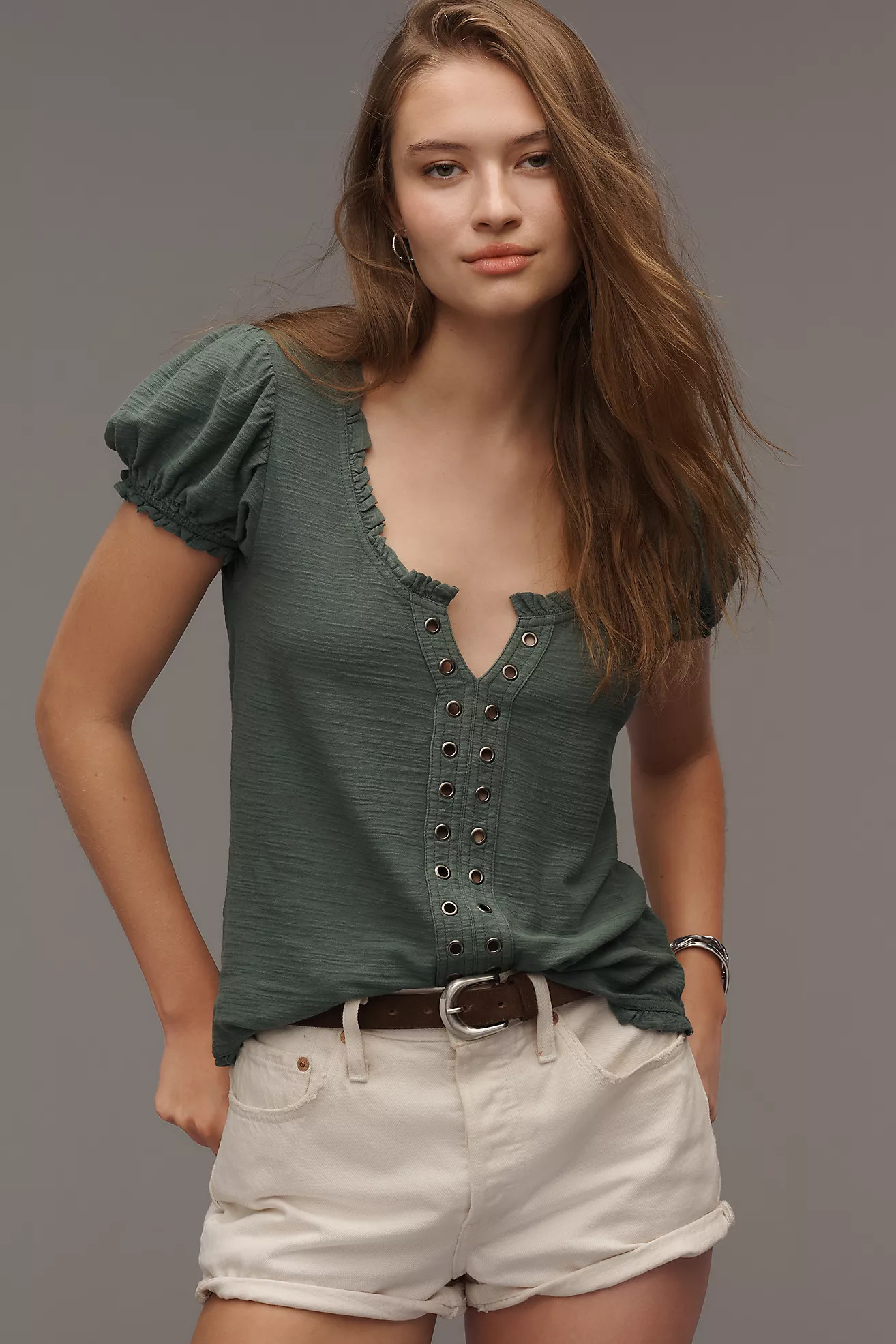 Pilcro Puff-Sleeve Grommet Top | Anthropologie (US)