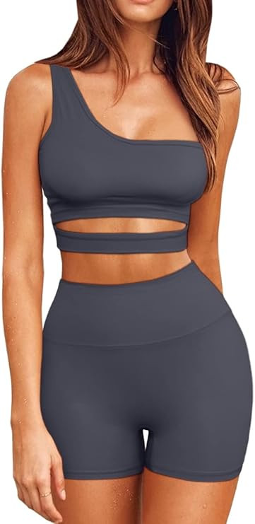 QINSEN 2 Piece Workout Outfits for Women One Shoulder Coutout Sport Bra High Waist Yoga Shorts Se... | Amazon (US)