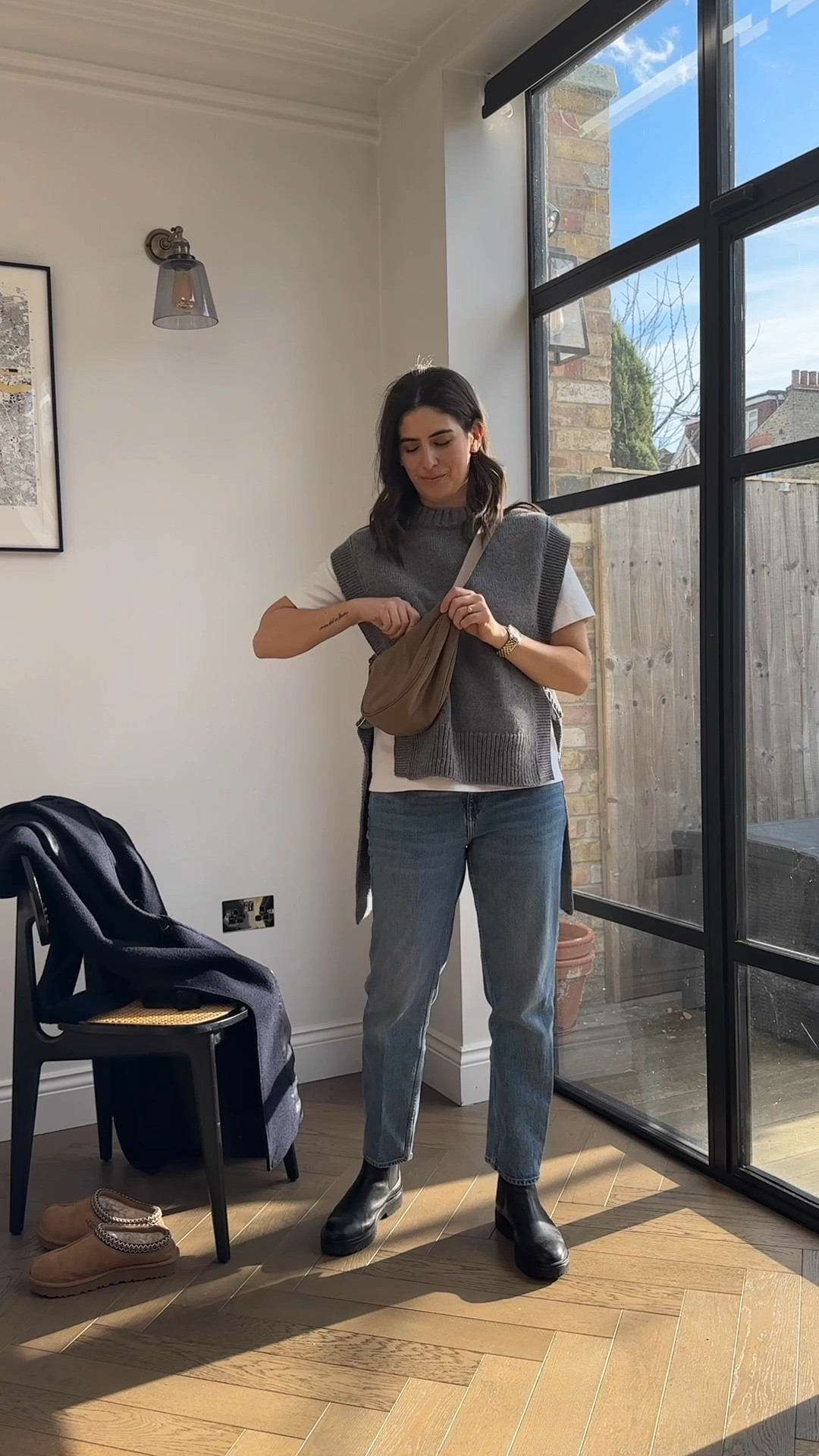 Grey knitted vest. Jeans. Casual. Ugg tasman. Day outfit  

#LTKSeasonal #LTKfit