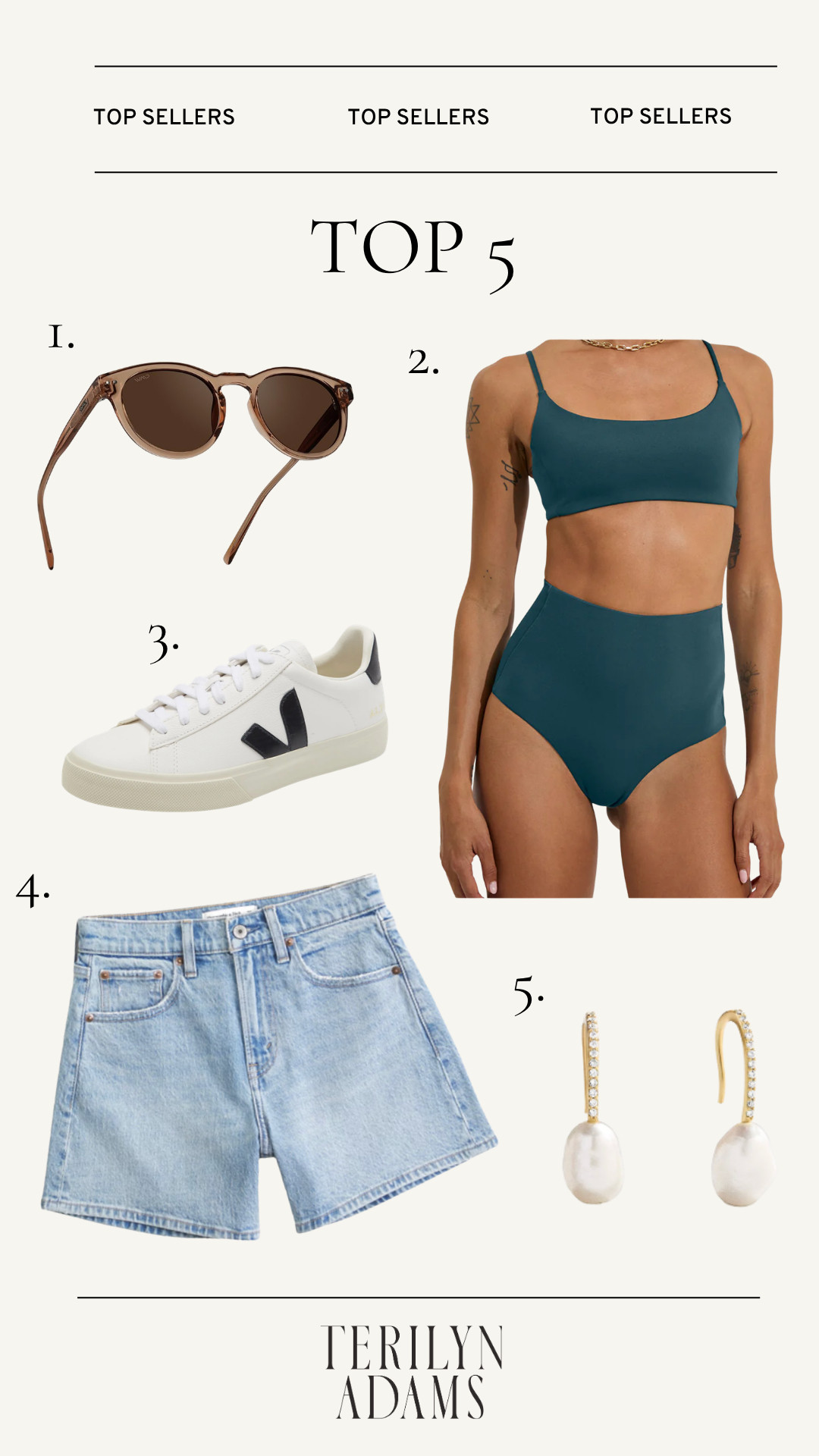 Most loved items this week!
1. Sunglasses - the best affordable sunglasses
2. Mom-friendly bikini - I took this with me on our 2026 spring break vacation
3. White sneakers - I wear these all spring and summer. They're so comfortable.
4. High Rise Dad Shorts - the most flattering shorts. As a mom I love these because they're the perfect fit and length.
5. New affordable pearl earrings - perfect for everyday and cute to dress up! 

 #LTKmomlife #LTKSeasonal #LTKSwim