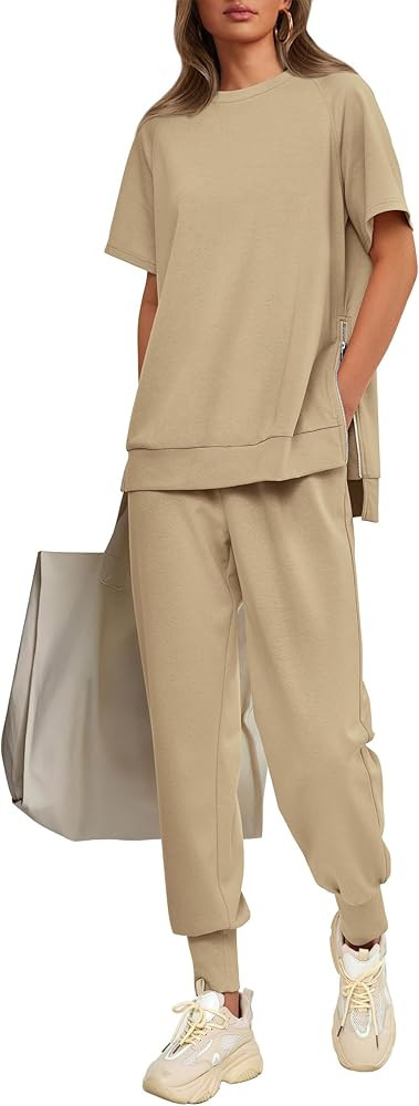 PRETTYGARDEN Womens 2 Piece Outfit Tracksuits Casual Short Sleeve Tops High Waisted Sweatpants Se... | Amazon (US)