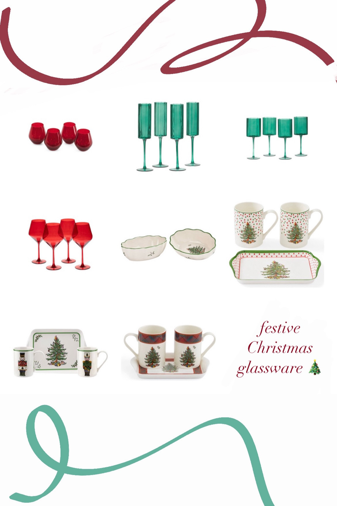 Festive holiday glassware
 Colored wine glasses
Christmas tree spice
Holiday entertaining 
 Christmas party decor 


#LTKSeasonal #LTKGiftGuide #LTKHoliday