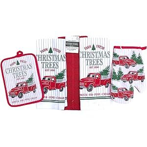 Christmas Holiday Kitchen Towels Pot Holders Set: Country Red Truck Coming from The Tree Farm! (Red  | Amazon (US)