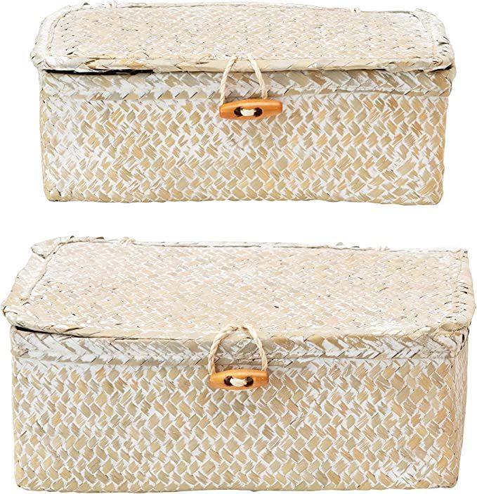 Creative Co-Op Hand-Woven Seagrass Lids & Toggle Closure, Whitewashed, Set of 2 Storage Box, 2 | Amazon (US)