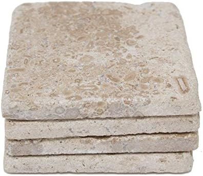 Beige 4'' X 4'' Travertine with Fossil Coasters Stone"drink" Spills Coasters Tumbled Stone Set of 4  | Amazon (US)