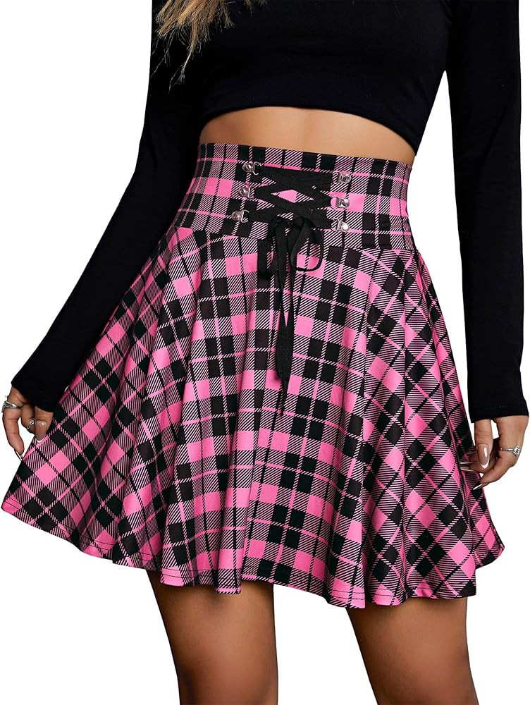 KOJOOIN Women's Halloween High Waisted Short A-line Flare Gothic Mini Black Red Plaid Pleated Ski... | Amazon (US)