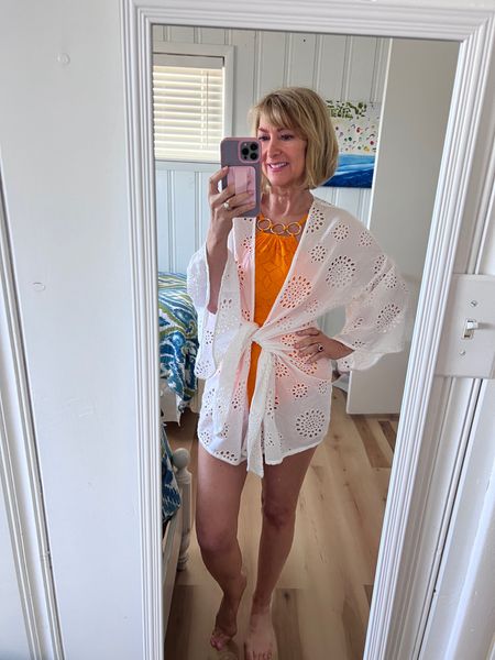 Ring hardware one-piece swimsuit is darling!! Very flattering and modest fit. Love it with this eyelet coverup. 

#LTKSwim #LTKTravel #LTKOver40