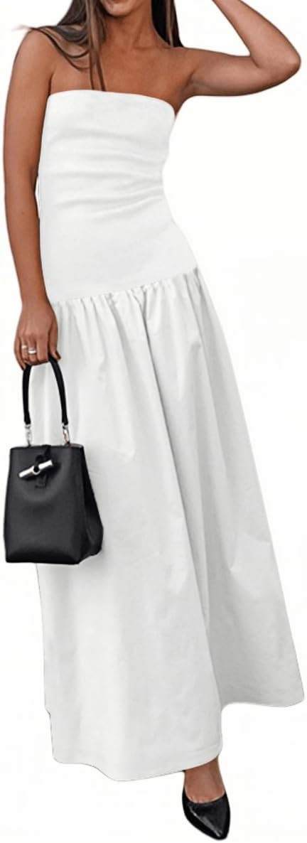 YOXUA Women's Summer Strapless Sleeveless Patchwork A-Line Tube Long Maxi Dress Off Shoulder Beac... | Amazon (US)