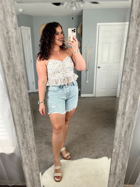 Summer cookout OOTD 🌭☀️🍺 
Top: L 
Shorts: 14
#midsizeoutfits #ootd #casualoutfits #casualstyle #summerstyle #summeroutfits #tanktop #peplum #shorts #denimshorts #jeanshorts #wedges 

#LTKstyletip #LTKcurves #LTKSeasonal