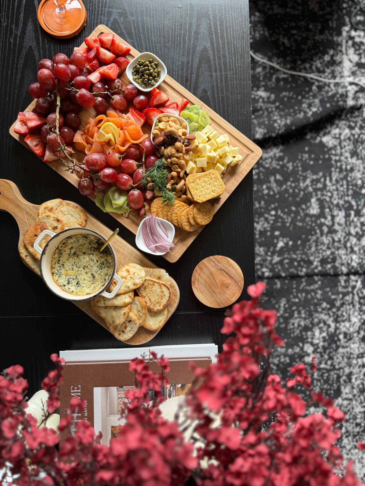 Charcuterie boards / hosting essentials / coffee table / coffee table decor / coffee table tray / coffee table styling / home decor / home decor living room / living room decor / living room rug