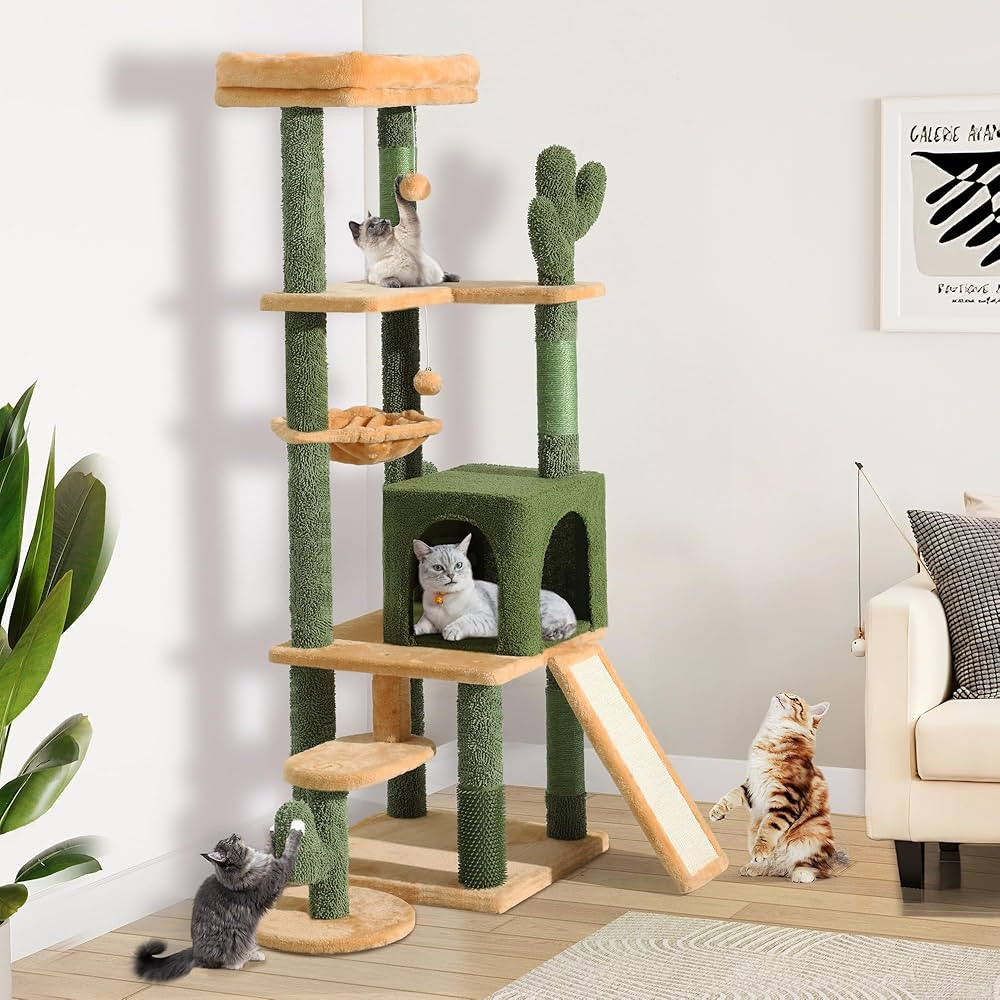 YITAHOME Tall Cactus Cat Tree Tower with Self-Grooming Brush, 60in Cute Cat Climbing Tower for In... | Amazon (US)