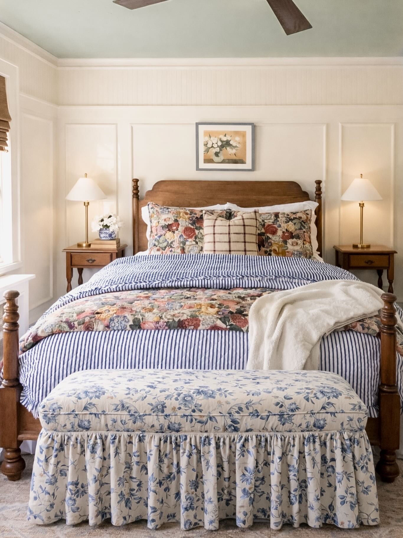 If you’ve ever looked at a bed with stripe, floral, plaid, and thought “this should not work”… here’s what actually makes it work.

A few real-life tips:

• Keep the color family tight. Even if the patterns are different, the tones should feel related. Nothing random.
• Change the scale. Small stripe. Bigger floral. Softer, more open print on the bench. If everything is the same size, it starts fighting.
• Let symmetry calm it down. Matching lamps and tables do a lot of the work so the fabrics can have personality.
• Anchor it with something solid. Wood, trim, simple walls. You need a visual exhale somewhere.

Layering isn’t about adding more just to add more. It’s about knowing when things are speaking the same language.

That’s usually the difference between “busy” and “collected.”

#bedroomideas #casasconencanto #bedroominspo #decorinspo #patternmixing