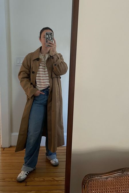 Trench coat outfit, striped sweater outfit, adidas sambas outfit, loose jeans outfit 