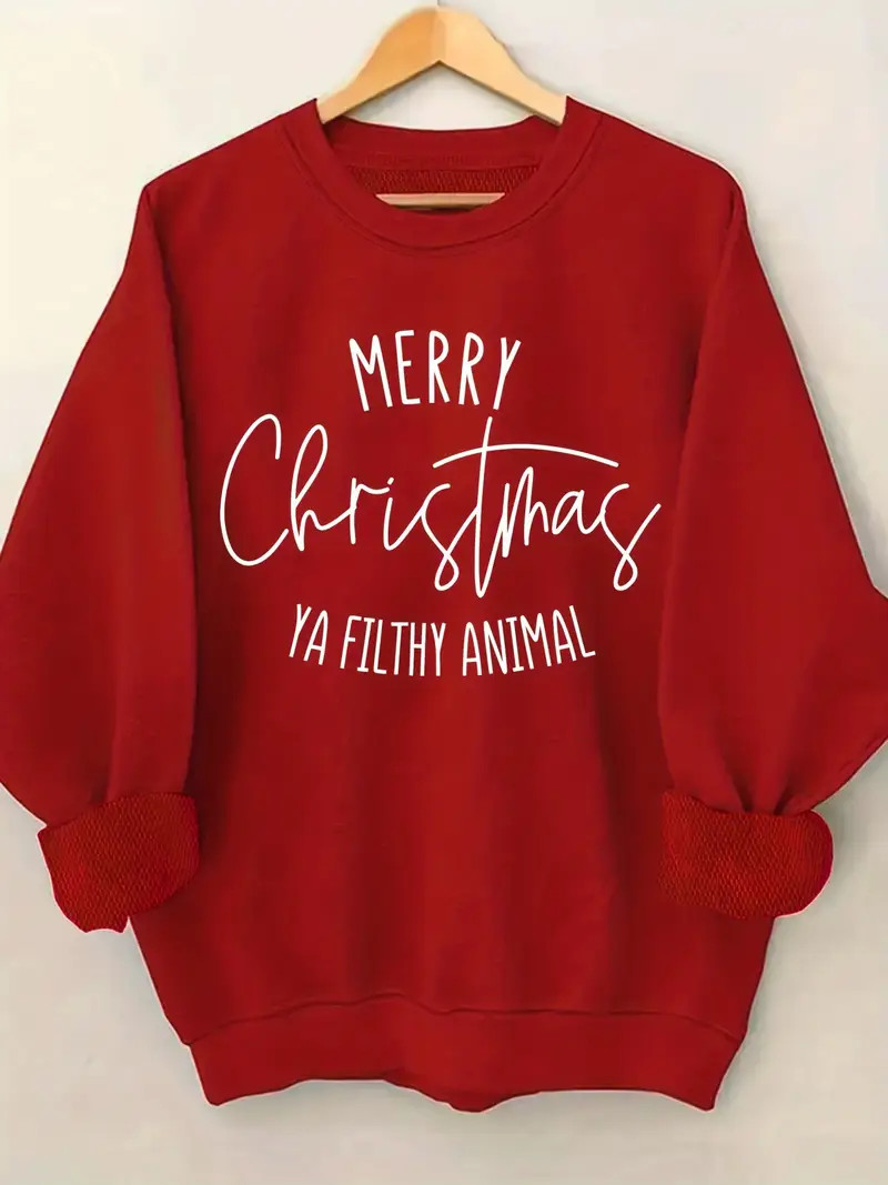 Merry Christmas Ya Filthy Animal Sweatshirt - Casual Polyester Knit Fabric Hoodie with Round Neck... | Temu Affiliate Program