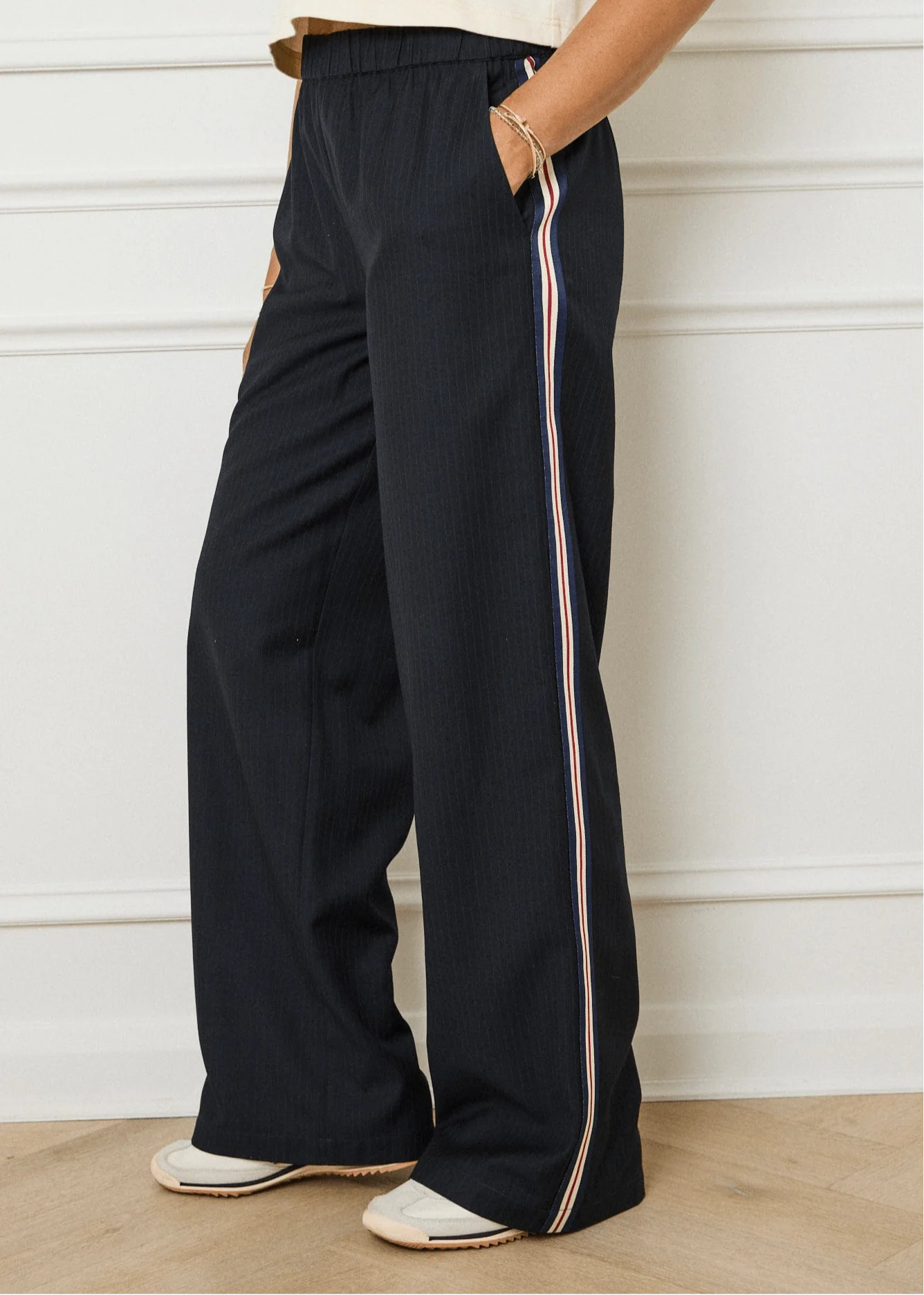 PINSTRIPE WIDE LEG TROUSERS - NAVY | WAT The Brand