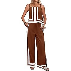 Tankaneo Womens 2 Piece Lounge Set Summer Casual Color Block Cami Top Wide Leg Pants Set Beach Va... | Amazon (US)