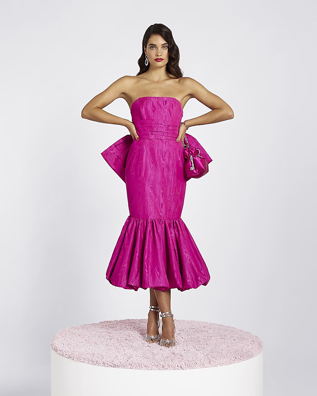 Pink bow bandeau bodycon midi dress | River Island (US)